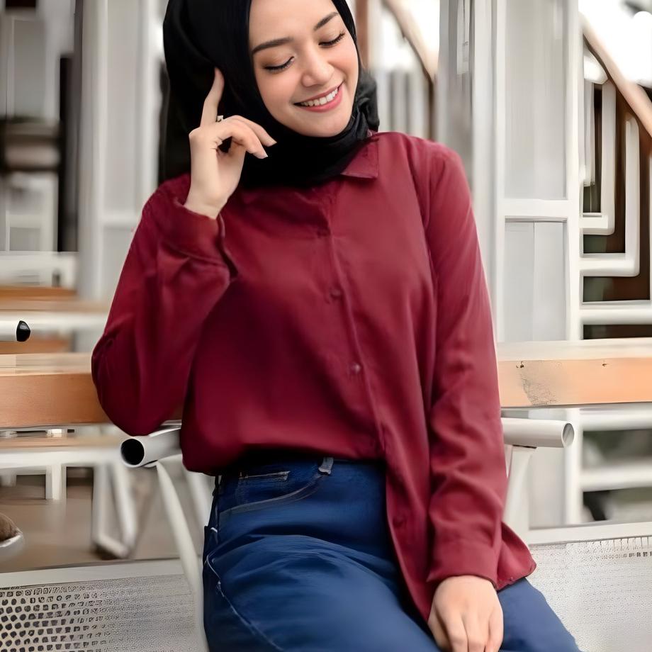 Koleksi Terbaru.. Kemeja Polos Kerja Kantor Atasan Wanita Lengan Panjang Karet Cewek Remaja Warna Pu