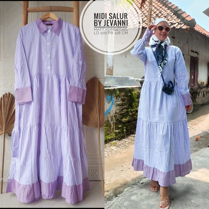 MIDI DRESS SALUR COMBAD ORI RUFFLE KEKINIAN MURAH GAMIS WANITA MAYUNG