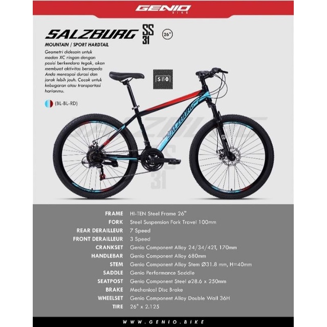 Sepeda Gunung MTB 26 Inch Genio Salzburg SS 31 Terbaru