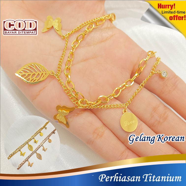 Gelang Titanium Wanita Asli 2 Layer Lapis Emas Anti Karat dan Alergi Fashion Korean Style Perhiasan 