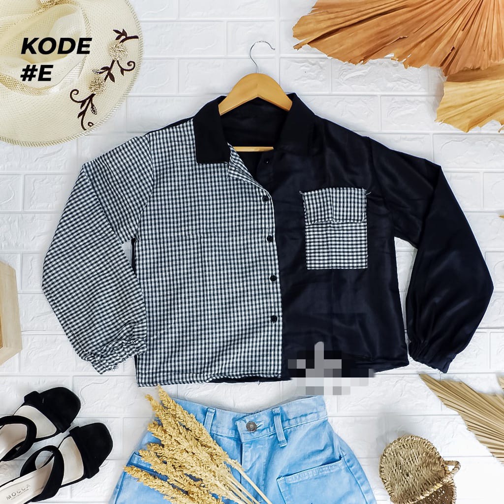 BEFAST - ZEC Kemeja Wanita ENJIYU / Haidy Combine Oversize Tartan Shirt / Kemeja lucu Kotak-kotak / Kemeja Lengan Panjang Kekinian / Kemeja Kekinain