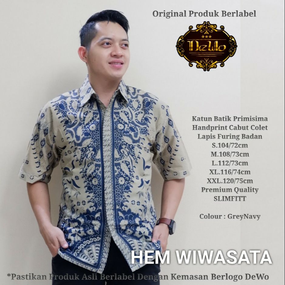 Kemeja Batik Slinfit Lengan Pendek Warna Grey Navy HEM WIWASATA Batik Lapis Furing Terbaru