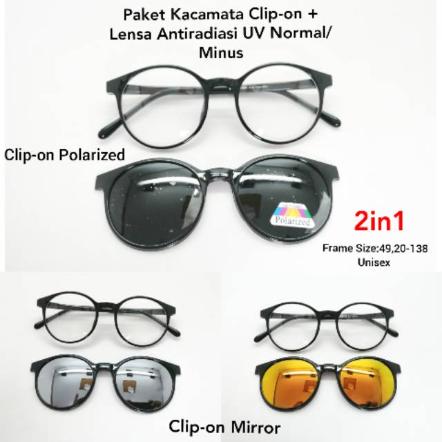 Paket Kacamata 2in1 Clip-on Bulat + Lensa antiradiasi UV Minus Baca Polarized Mirror