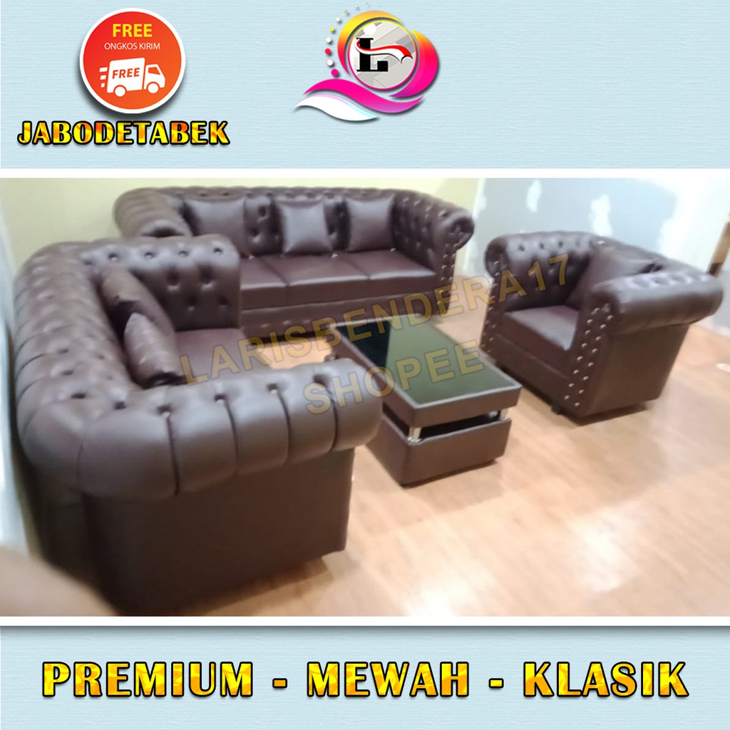 Sofa Jaguar Cokelat + Meja | Bernuansa Premium - Mewah - Klasik | Bahan Kulit/Oscar