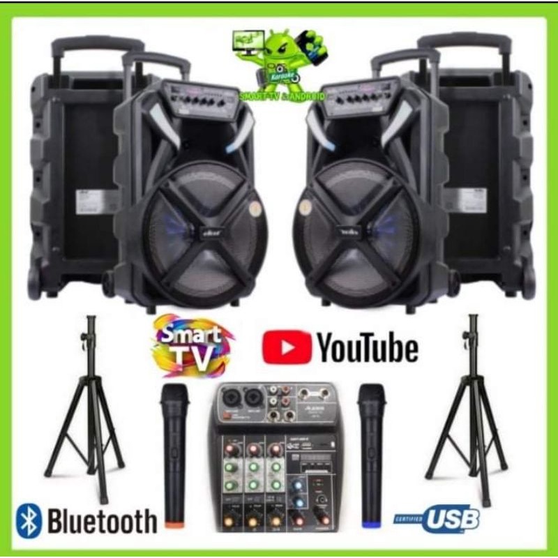 Paket dobel speaker aktif  DAT 12 inch 2 mic wireless mixer bluetooth
