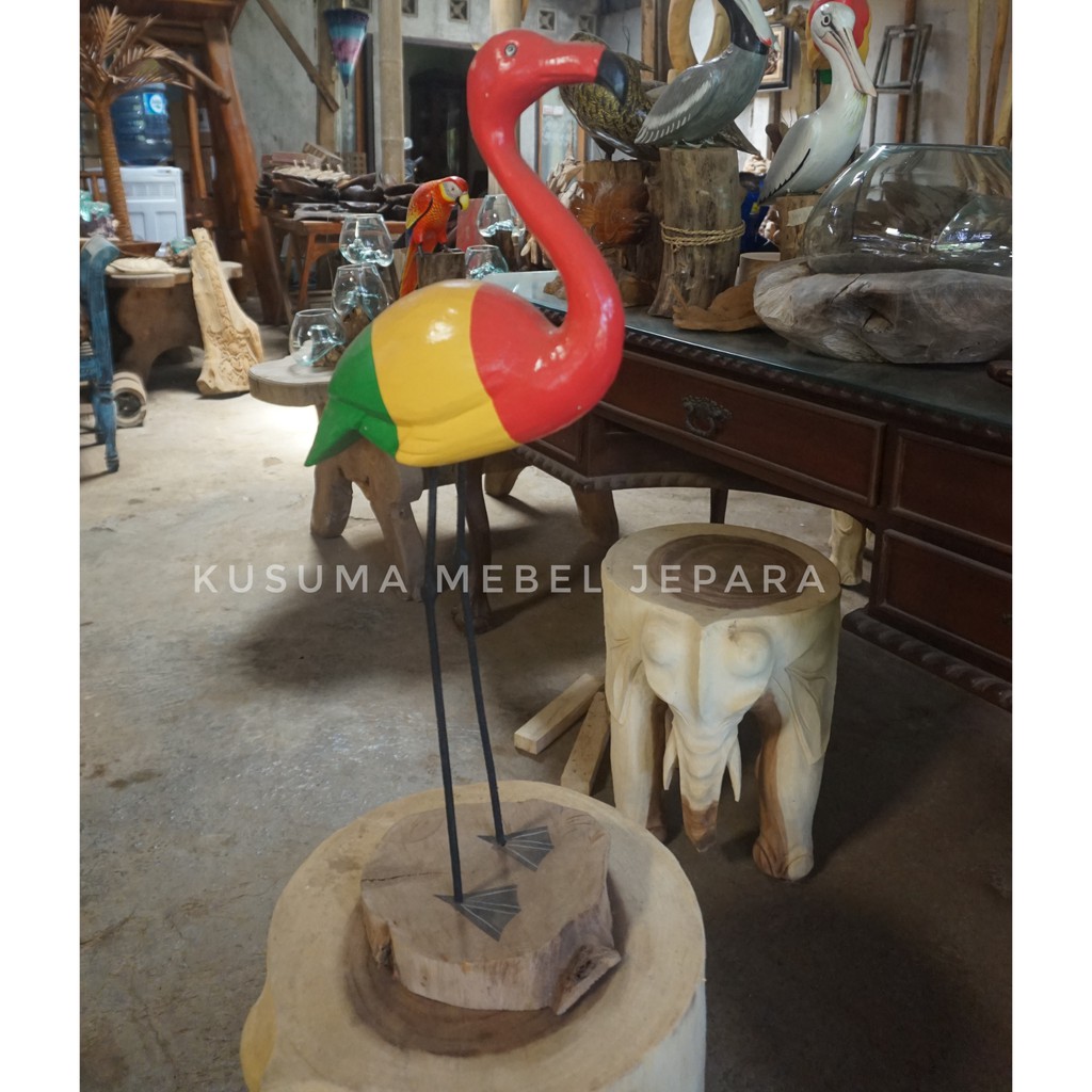 Patung Burung Bangau Kayu Trembesi Cat Duco - Panjang 30cm & Lebar 17cm