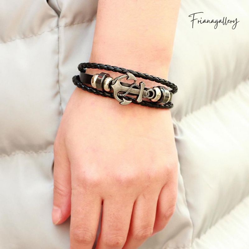 Gelang Pria Kulit Sintetis Tiga Lapis Model Jangkar Besi Etnik Tribal