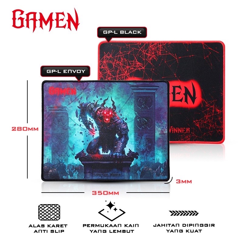 GAMEN GP-L Mousepad Gaming Anti Slip Rubber Base Soft Surface 28 x 35 cm Black-Garansi