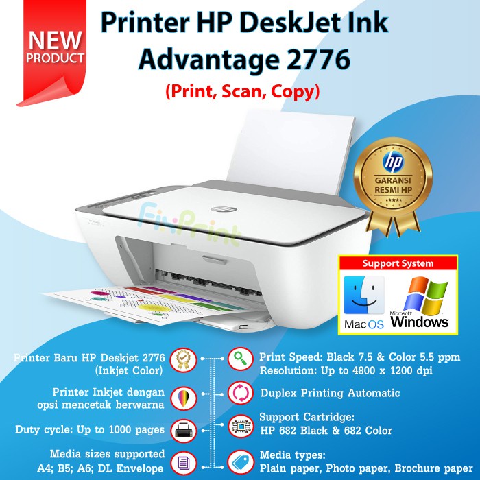 Printer HP Deskjet 2776 Ink Advantage HP2776 Print Scan Copy WiFi with Cartridge 682 Black Color