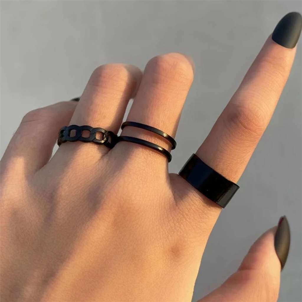 3pcs / Set Cincin Model Terbuka Warna Hitam Gaya Punk Korea