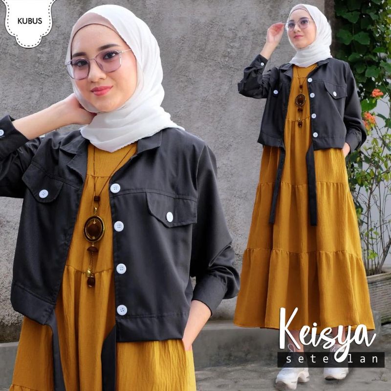 Setelan rompi dan gamis perempuan Set Keisya kardigan panjang overall muslimah dress muslim setelan 