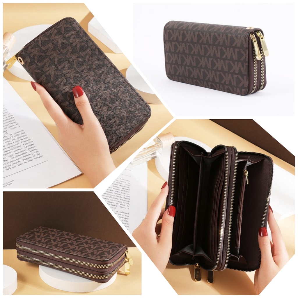 DOMPET PANJANG WANITA PREMIUM 2 RESLETING KULIT COKLAT RADISE WA314B7 PESTA KOREA KARTU IMPORT BATAM