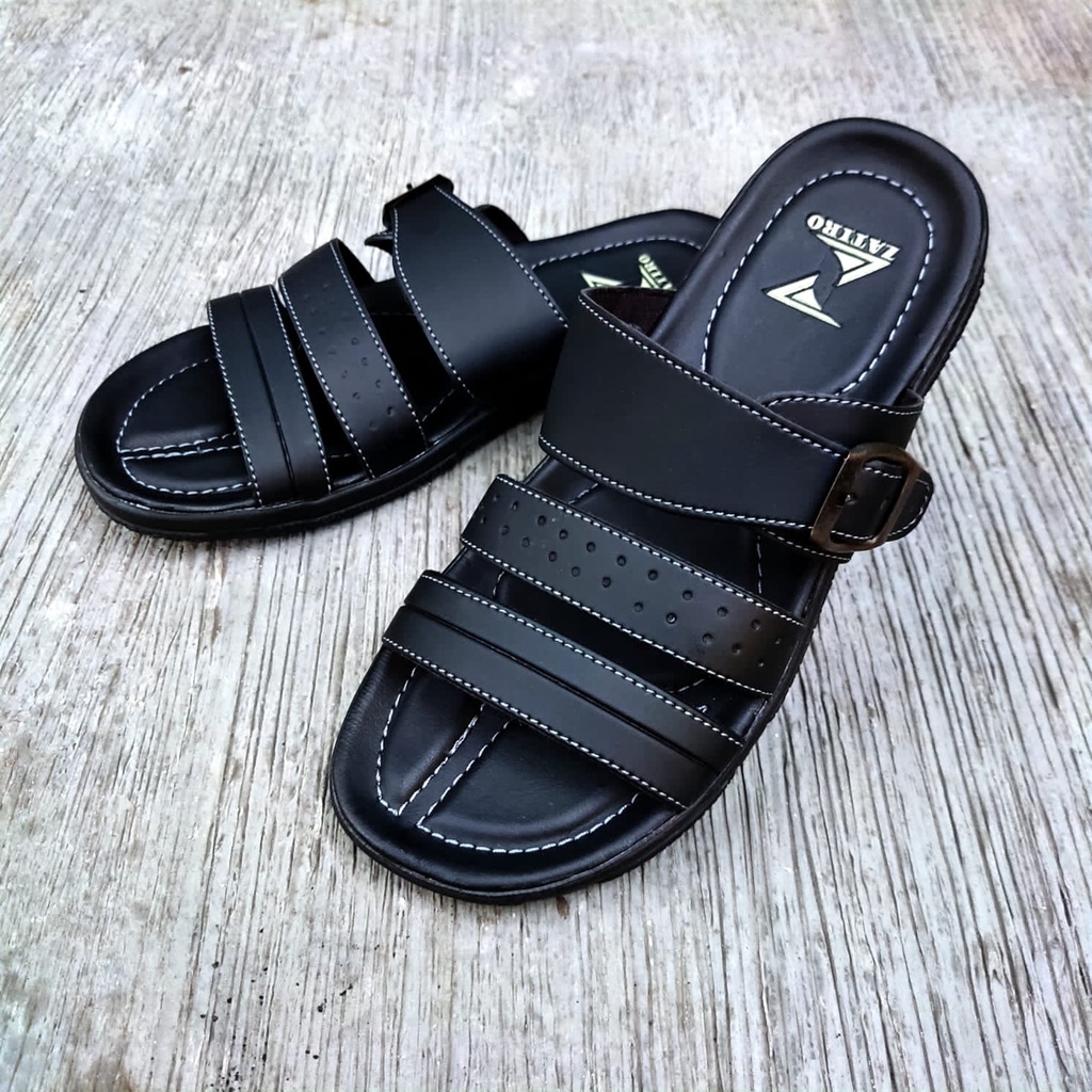 Promo mantul sale sendal slip on pria by zatiro slop hitam kokop sol puyuh bahan kulit premium santai nyaman digunakan - fullblack