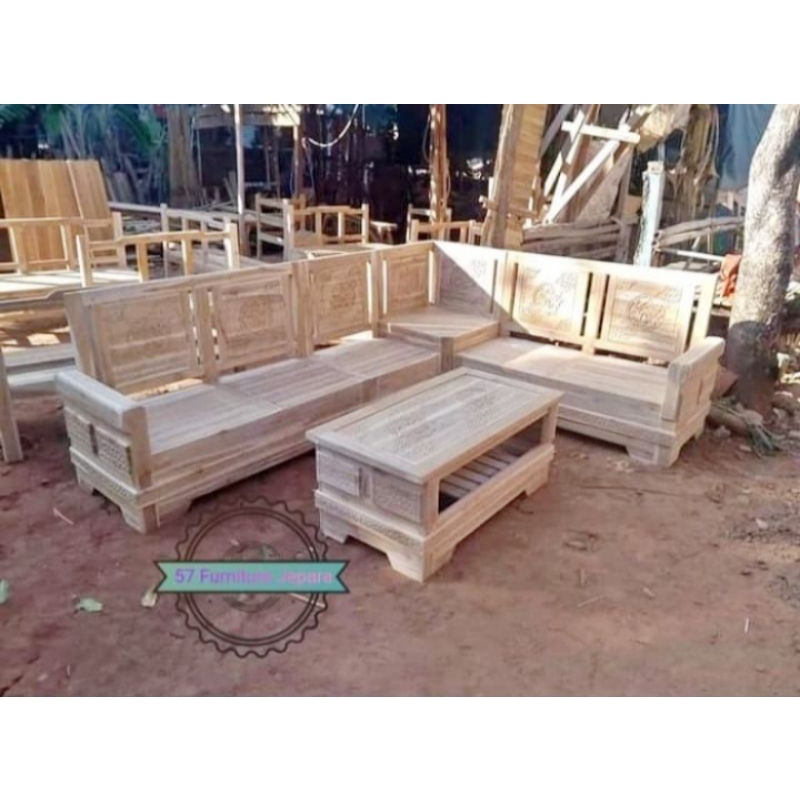 Set Meja Kursi Tamu Ruangan Sudut (L) Jati  - Kursi Meja Ukir Jati Mentahan