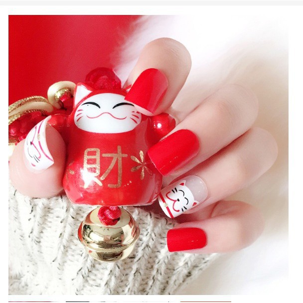 Nail art - 24 Pcs kuku palsu Model kucing merah+lem