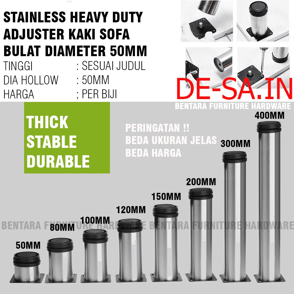10 CM Kaki Meja Sofa 100MM - Silinder Bundar D50MM High Quality Adjustable Stainless Steel Table Leg 10CM = 100 MM