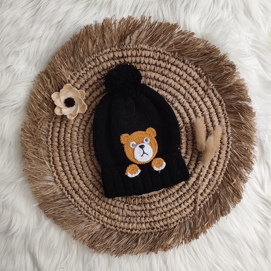 Topi rajut bayi pompom motif bear 0-24bulan