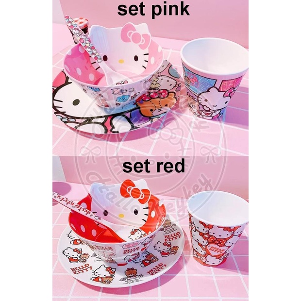 Set Piring Mangkok Sendok Makan Gelas Minum Melamin Hello Kitty