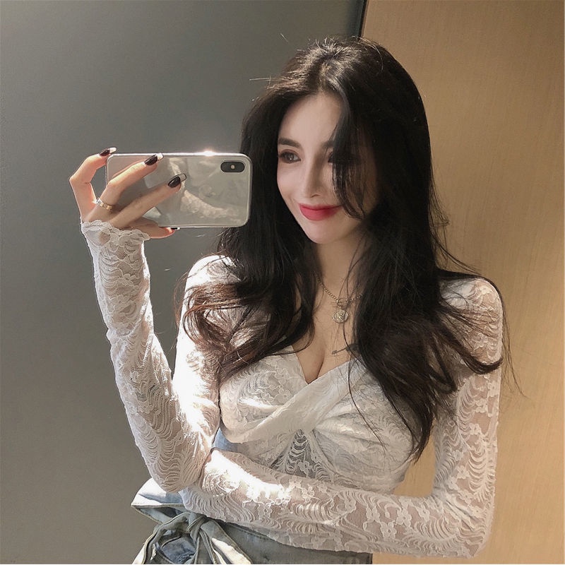 atasan renda import lace bottoming shirt women s western style deep V-neck lengan panjang atasan mes