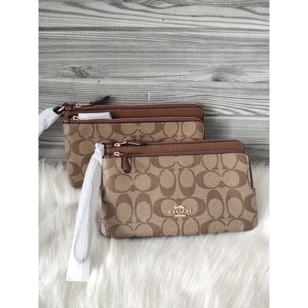 Dompet Coach C5576 Double zip wristlet khaki saddle brown