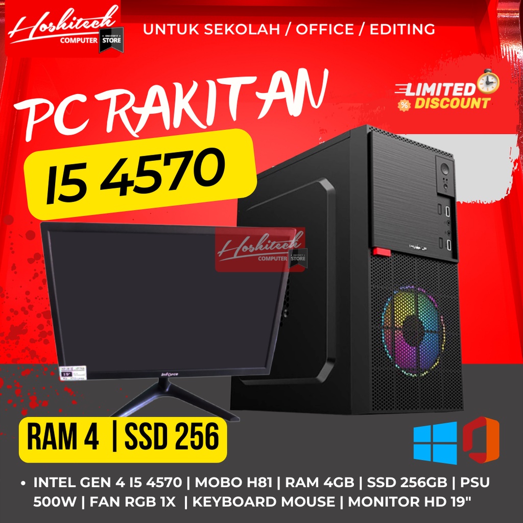 PC RAKITAN I5 SEKOLAH EDITING 4570 RAM 4GB SSD256 MONITOR 19 INCH