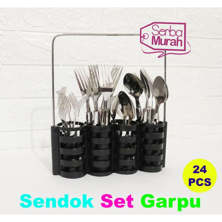 Set Sendok Makan Dan Sendok Garpu  + Tempat/Rak Sendok Isi 24 Pcs