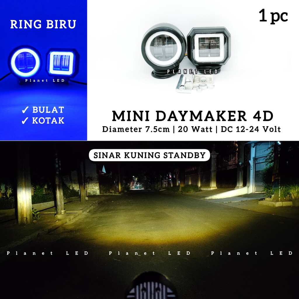 1PC MINI Lampu Tembak Sorot LED CWL 2 Mata Lensa 4D 20 Watt CREE Cahaya Kuning Ring Biru