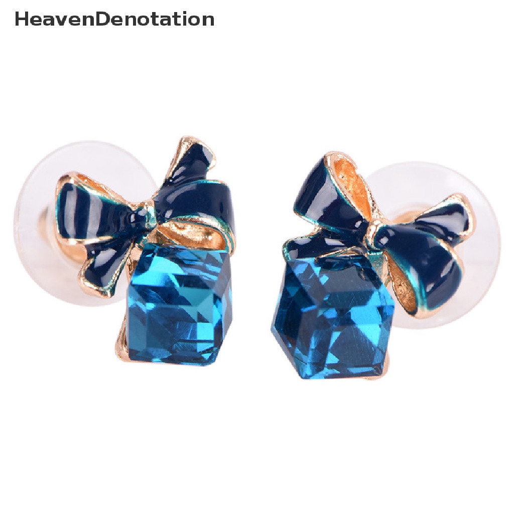 Anting Stud Desain Pita Aksen Kristal Berlian Imitasi Warna Biru Untuk Wanita