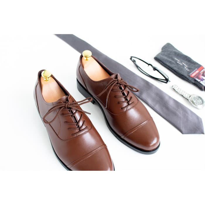 Sepatu pantofel kulit pria formal kerja boston Oxford Brown