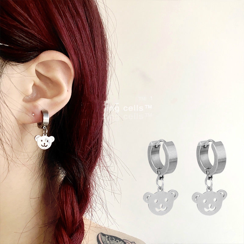 Anting Bentuk Beruang Bahan Stainless Steel Gaya Retro