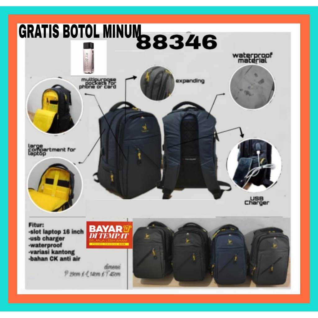 TAS RANSEL MURAH IMPORT POLO MILANO 88346 TAS RANSEL LAKI Tas Pria + USB CAHRGER FREE BOTOL MINUM