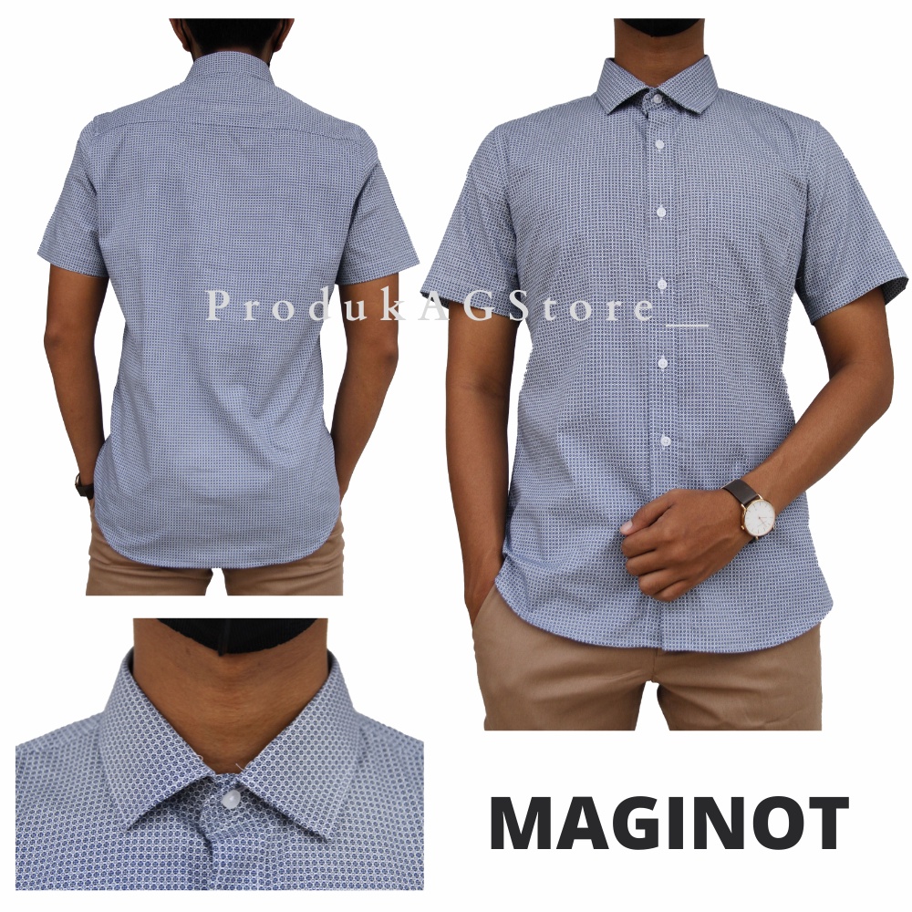 Kemeja Formal Slimfit Maginot Lengan Pendek Pria Motif Bintik Biru 04 Good Quality 100% Original