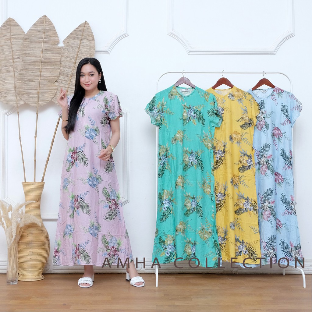 DASTER PANJANG LENGAN PENDEK TALI PINGGANG MOTIF DAUN BAHAN RAYON/daster wantia/daster/daster kekini