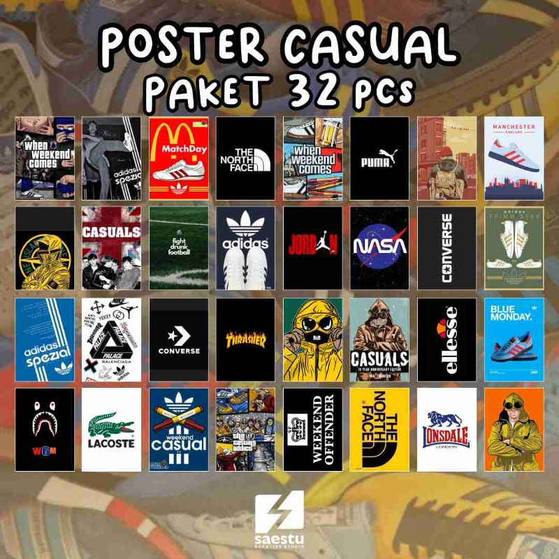 (32pcs) Poster Casual Football Brand Poster Dinding Poster Kamar Casual brand Isi 32pcs