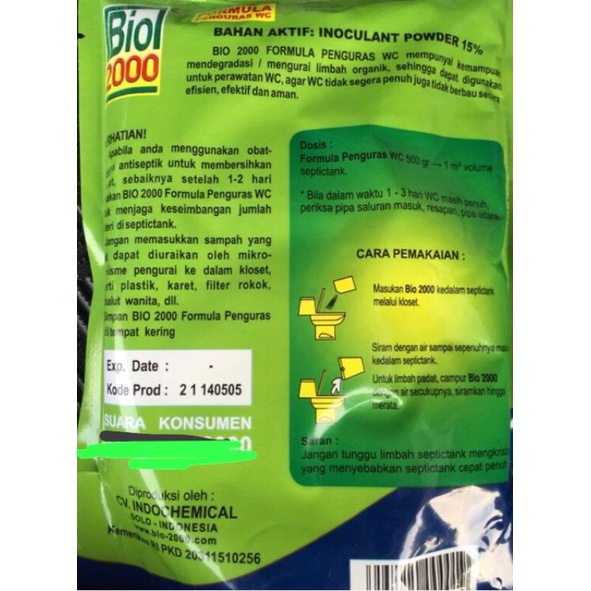 BIO 2000 , SOLUSI MAMPET WC dan SEPTICTANK CEPAT PENUH isi 500 gr microorganisme Pengurai Tinja