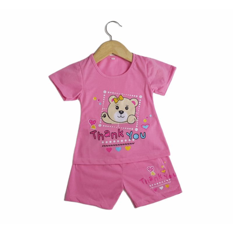 SETELAN ANAK SIKUNING PAKAIAN BAJU ANAK PEREMPUAN MOTIF THANK YOU BEAR CELANA PENDEK BAJU PENDEK