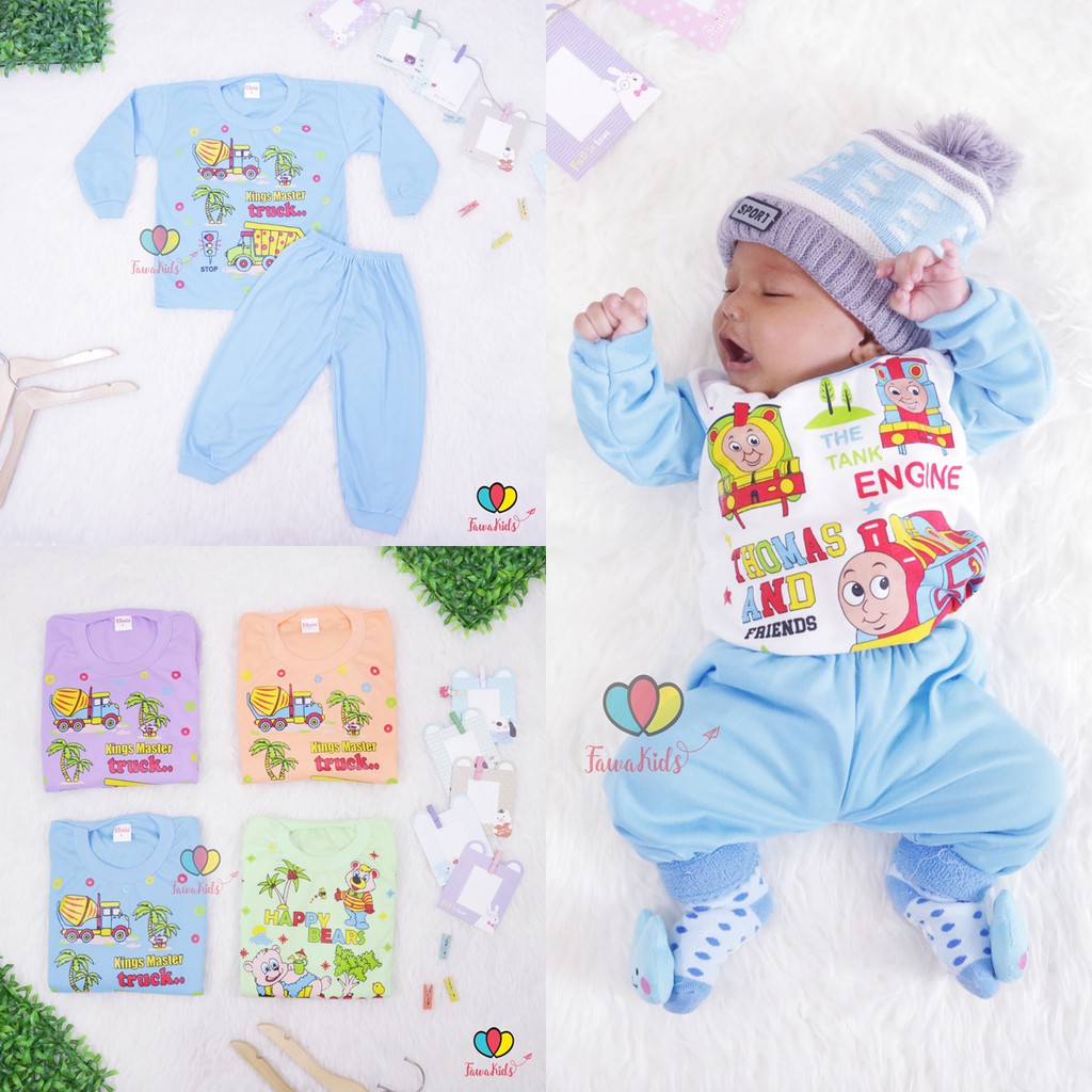 (BISA PILIH WARNA) Piyama Kaos Kartun Uk. Bayi 0-12 Bulan / Setelan Lengan Panjang Perempuan Laki Baju Tidur