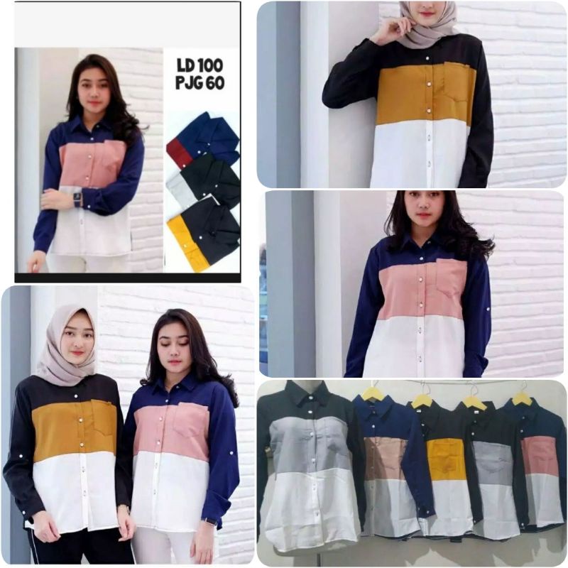 Kemeja Wanita Polos Casual Blouse basic Kombinasi Warna Lengan Panjang Kekinian  Moscrepe 3 warna