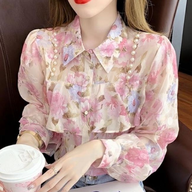 7843 Baju atasan blouse kerja motif bunga pink lengan panjang Korean style wanita import baju atasan