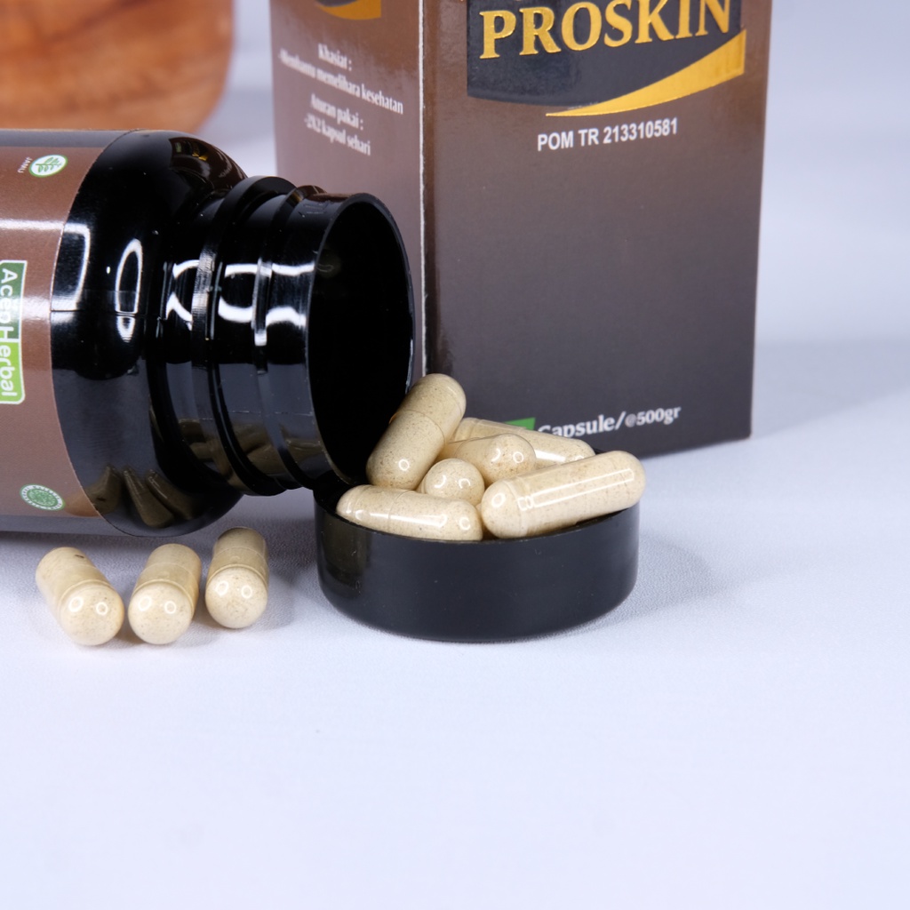 Obat Eksim Kering Basah Exim Menahun Gatal Exsim Gatal Berair Borok Budug Bernanah Psoriasis Kulit Kepala Herbal Proskin Isi 60 Kapsul BPOM dan Halal MUI 100% Original