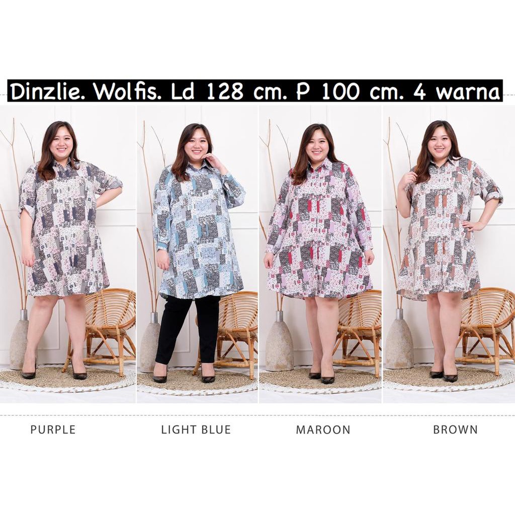 Dinzlie Kemeja Panjang Jumbo Wanita LD 128cm Bahan Wolfis Premium Motif Kotak Bunga Kecil