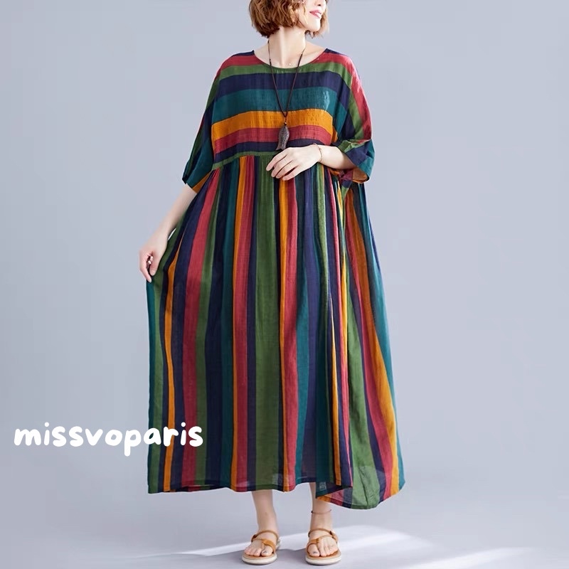 Dress Corak Garis Size Besar Big Size Missvoparis Cotton Linen Adem