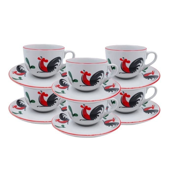 Set Cangkir + Piring Tatak Kukuruyuk Ayam Jago - Porcelain Cup Saucer - Gelas Mug Teh Kopi Keramik