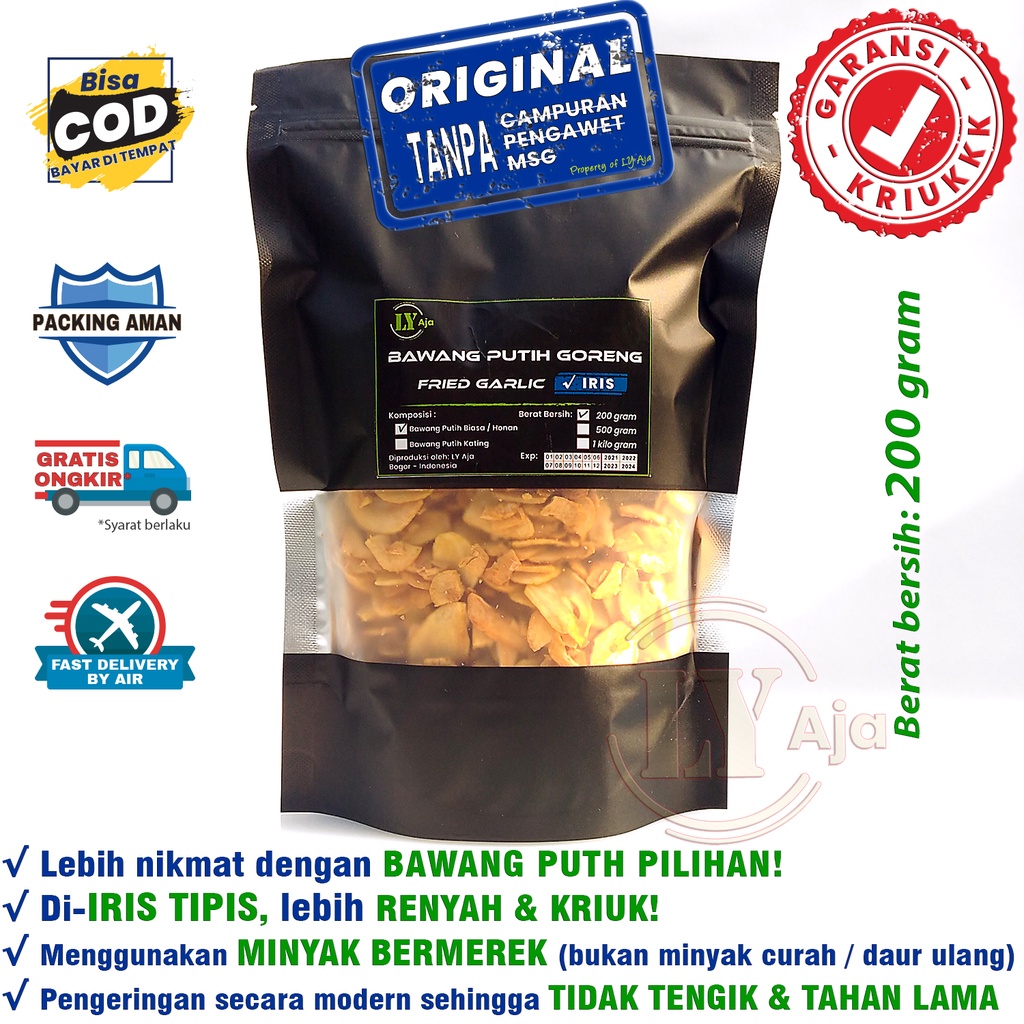 Bawang Putih Goreng Iris 200 Gram Asli Grade A Premium LY Aja Murni Honan Kating Tanpa Tepung 200 Gr