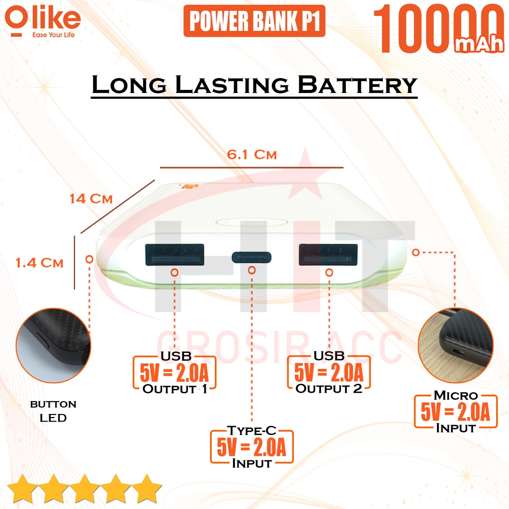 Powerbank Olike Dual USB Port 10.000 mAh LED Display Fast Charging P1