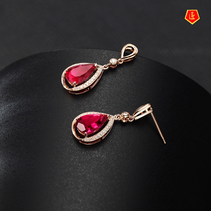 [Ready Stock]Elegant 18K Rose Gold Ruby Stud Earrings