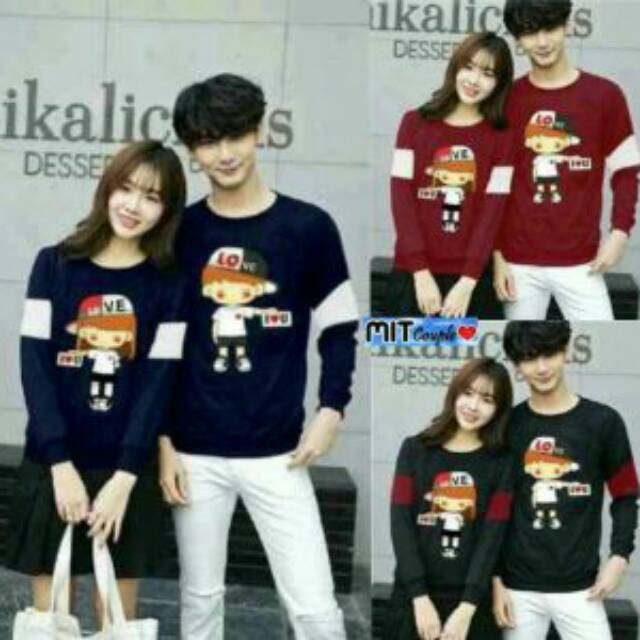 Kaos couple topi love lengan panjang - baju pasangan