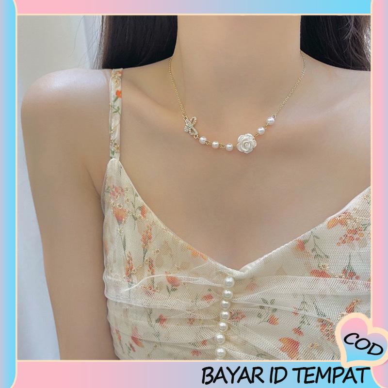 COD❤️ Desain Niche Indah Mutiara Busur Mawar Kalung Gadis Temperamen-A.one