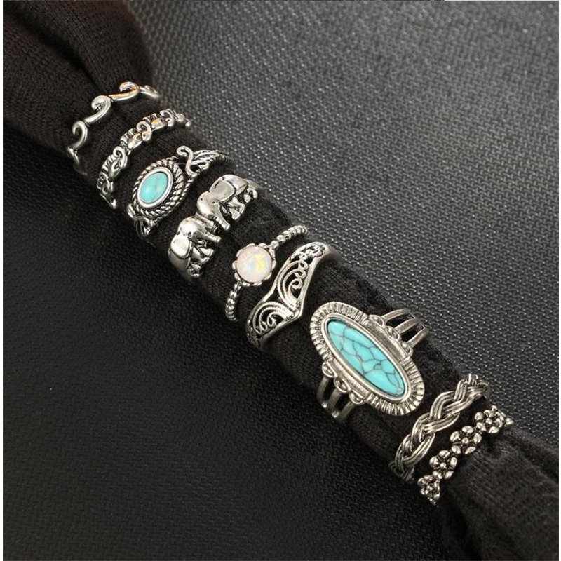 9 Pcs / Set Cincin Turquoise Gaya Bohemia Untuk Wanita