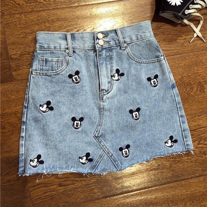 Mickey bordir celana  jeans  pendek  rok versi Korea 